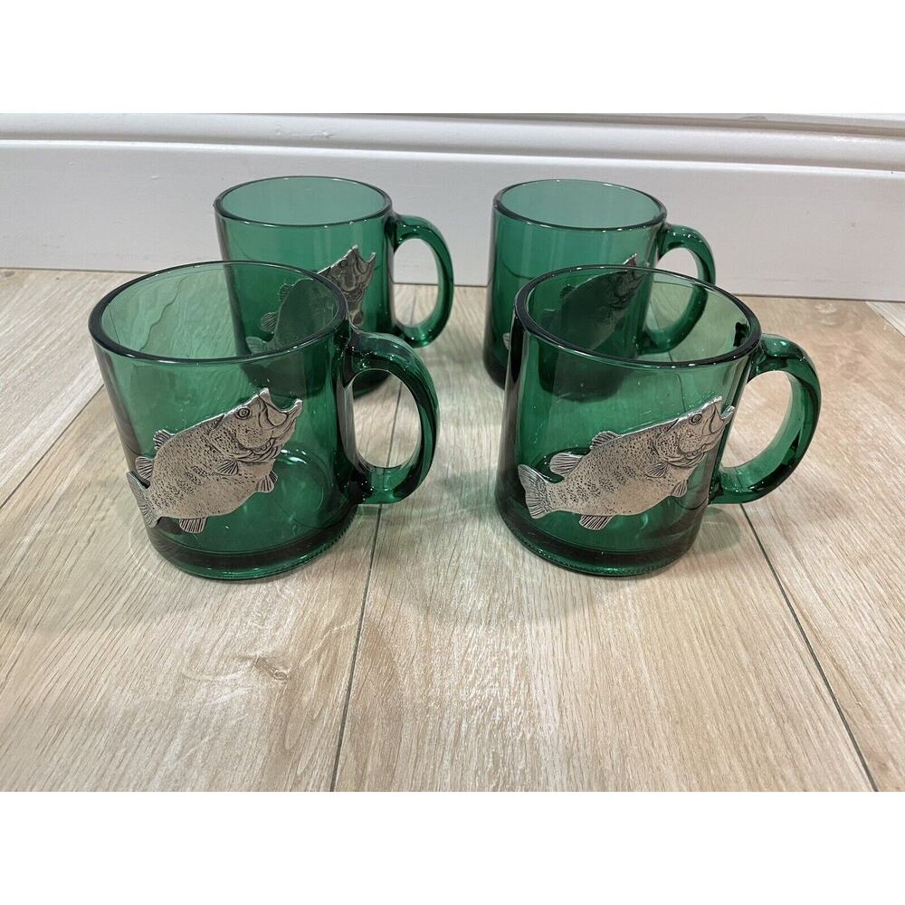 Vintage Emerald Green Glass Mug With Pewter Fish Emblem, Made in USA 12oz